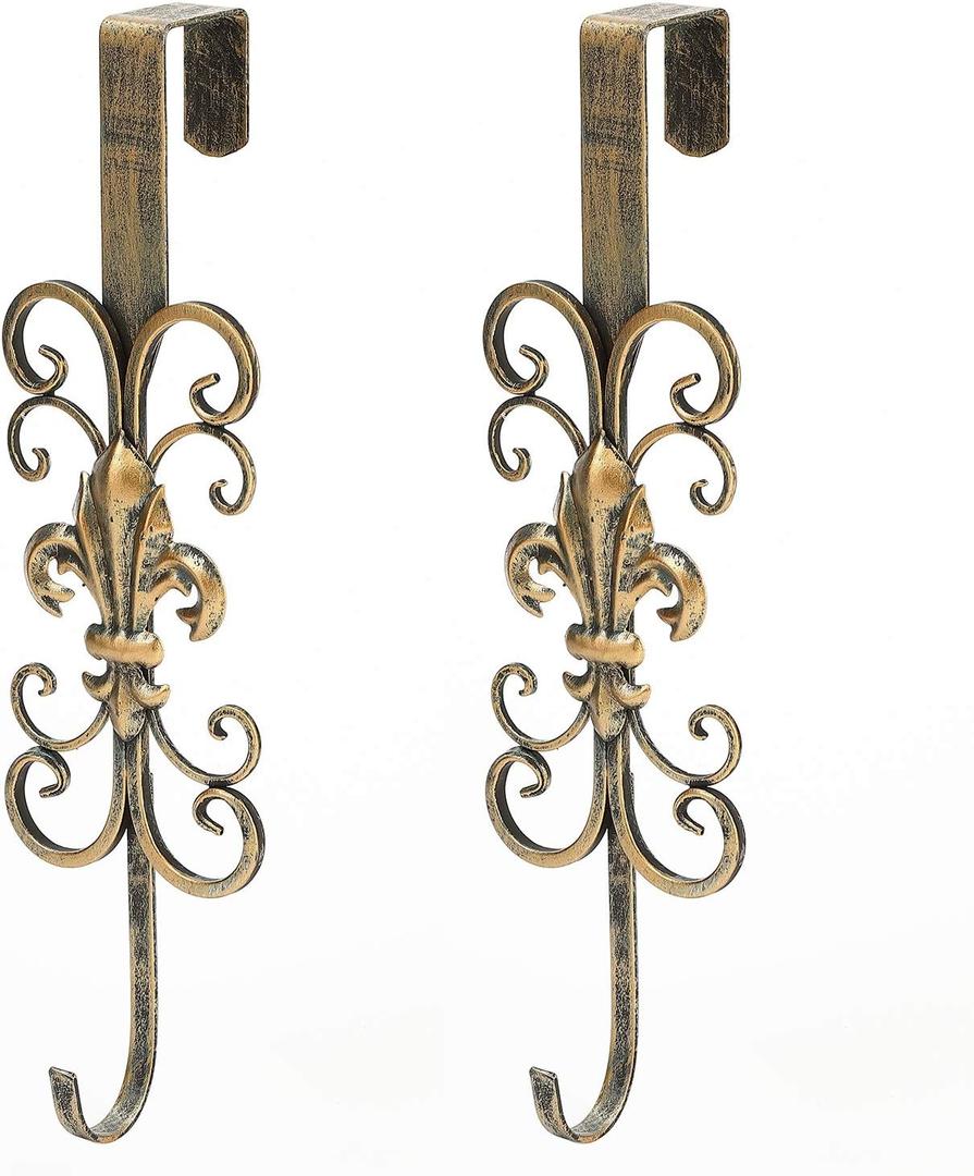 Jemeni 2 Pack 16" Wreath Hanger for Front Door, Metal Over The Door Wreath Hanger, Fleur Dis Lis Wreath Door Hanger, Door Hanger for Wreath with Scroll Design, Antique Gold