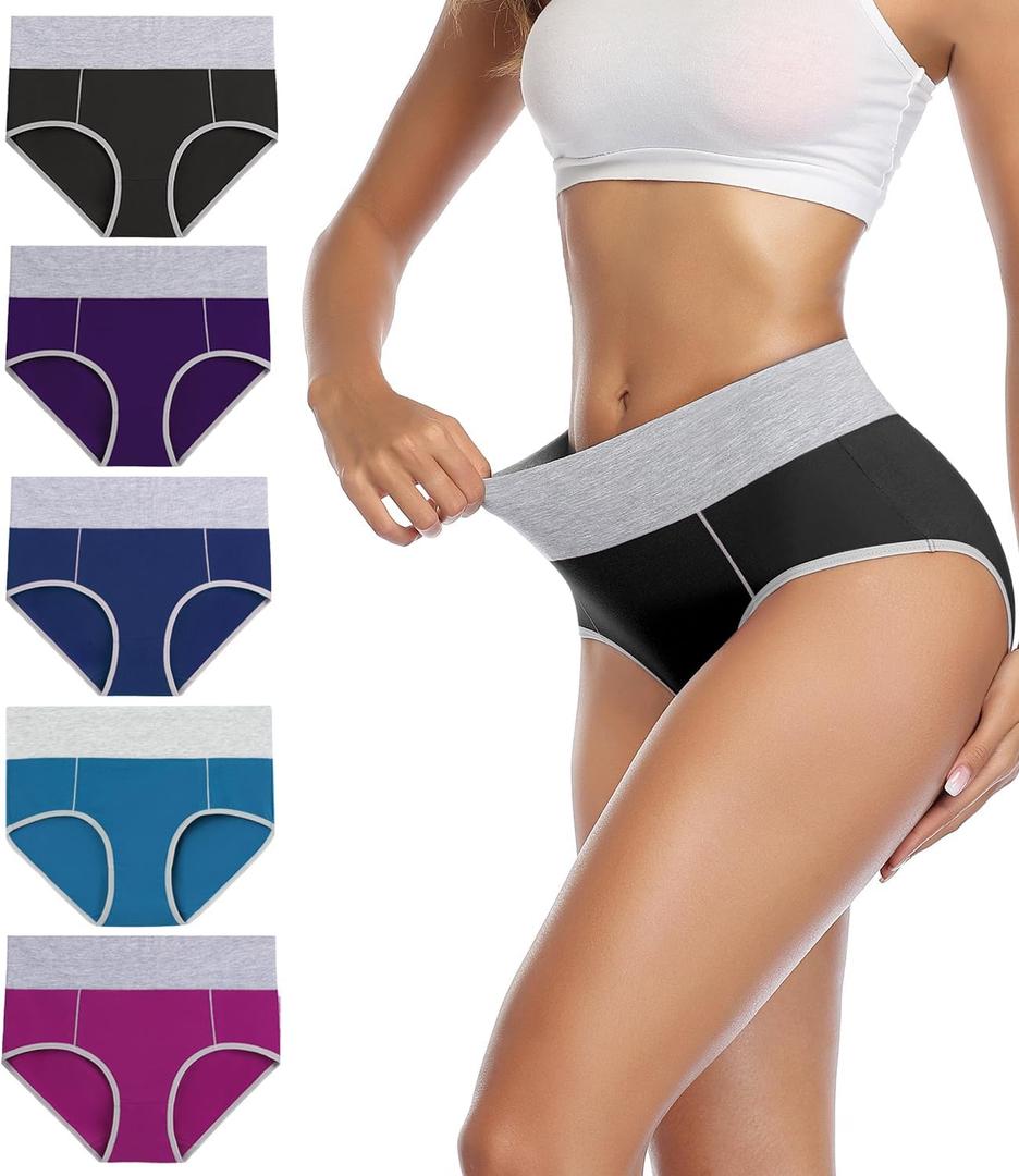 wirarpa Women's Cotton Underwear High Waist Stretch Briefs Soft Underpants Ladies Full Coverage Panties 5 Pack (Medium, Black,blue,teal,purple,purplish Red)
