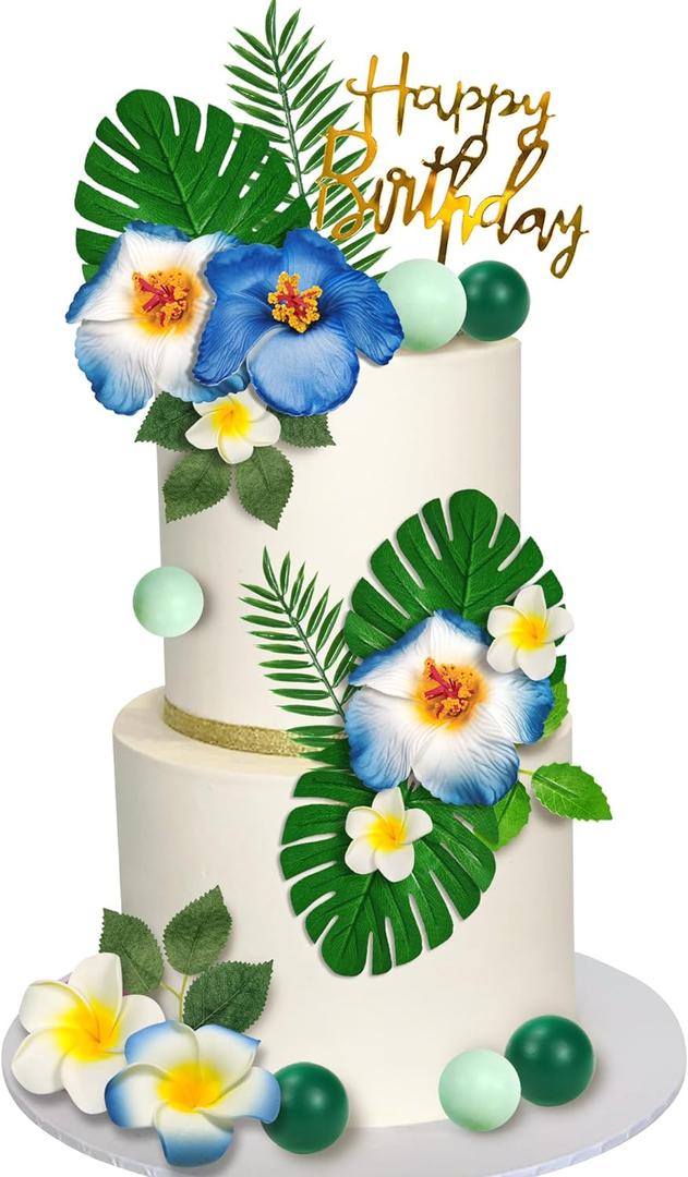 23 PCS Flower Cake Topper Hawaiian Cake Decorations with Palm Leaves Hibiscus Flowers Balls for Hawaii Aloha Jungle Summer Theme Wedding Birthday Baby Shower (Blue)