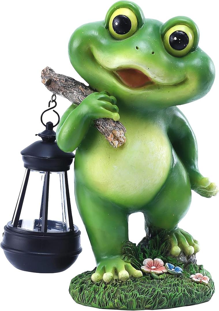 Outdoor Frog Garden Decor: 11'' Yard Decoration with Solar Lantern Funny Frog Statue Gifts for Women Mother's Day Housewarming Gift