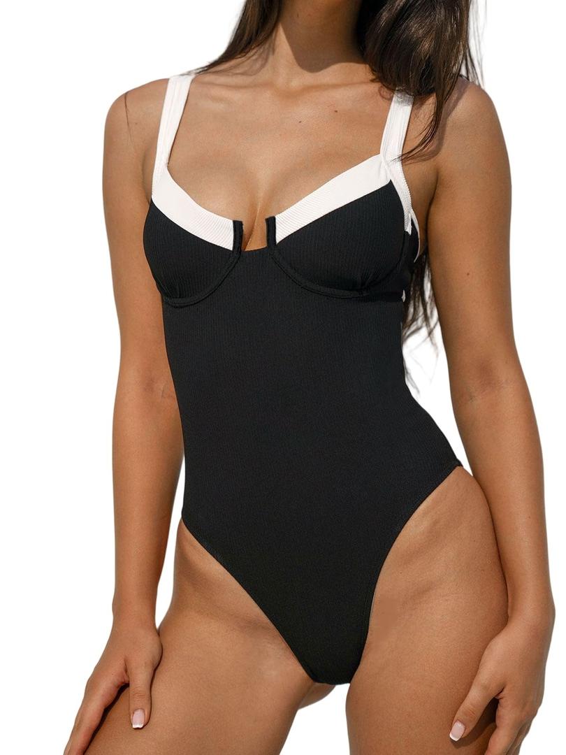 BERLOOK One Piece Swimsuit Women Tummy Control Ribbed Retro Bathing Suits Contrast Trim Knotted Sexy Slimming Swimwear XL