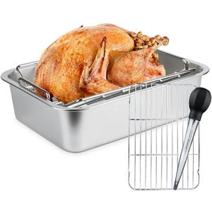 Turkey Roaster Roasting V Rack,15.6*11.6*4 inch Stainless Steel Roasting Pan with 2 Rack(Flat Rack and Rib Rack) for Smoker Smoking/Dual Purpose for Large Big Green Egg and Kamado Joe Etc