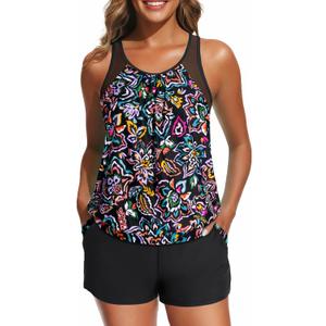 Women Blouson Tankini Swimsuit with Shorts - 2 Piece Tummy Control Bathing Suit Modest Mesh Racerback Top with Pockets 2026 (Black, L)