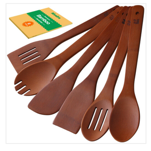 Riveira Premium Brown Bamboo Wooden Spoons for Cooking Set of 6 – Premium Brown Bamboo Wooden Cooking Utensils, Wooden Spatula, Wooden Spoon - Premium Quality Wooden Utensil Set for Non-Toxic Cooking, Pack of 2