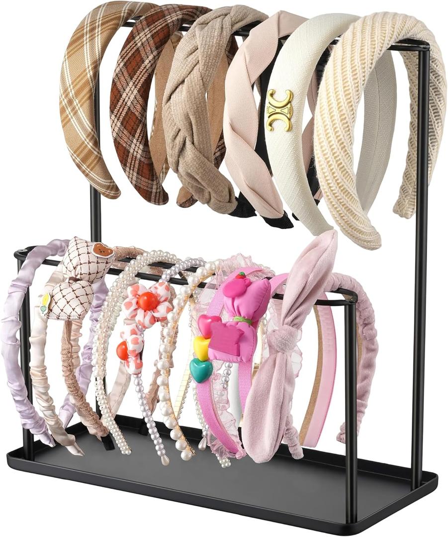 Headband Holder Organizer Metal 2-Tier with Tray: Hair Accessories Display Stand Storage Hairband Rack Necklace Stand Home Bedroom for Girls Women, Black
