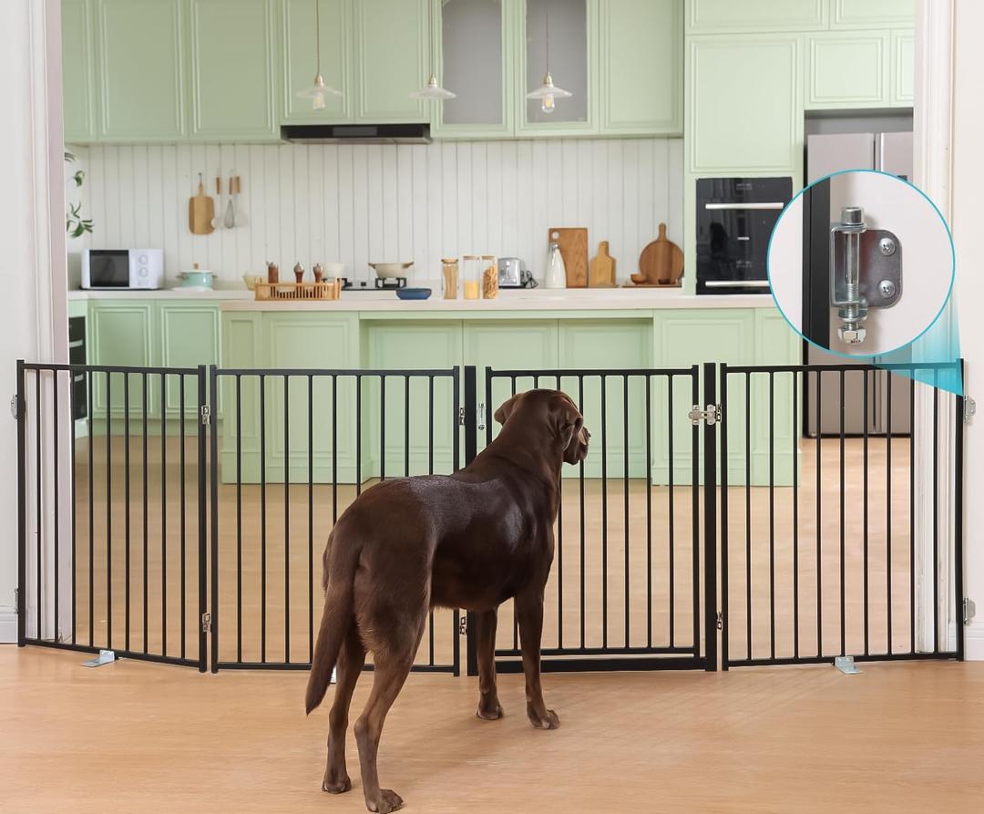 No Pawblems Free Standing Dog Gate with Door, 30'' Tall Foldable Dog Fence for Indoor & Outdoor, Up to 104 Inch Extra Wide Puppy Gate for Stairs, Hallways, Doorways, Deck, Yard (Black, 4 Panels)