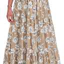PRETTYGARDEN Women's Boho Floral Maxi Dress 2026 Summer Smocked V Neck Ruffle Sleeve Spring Flowy Beach Vacation Sundresses (Khaki White Floral, Medium)