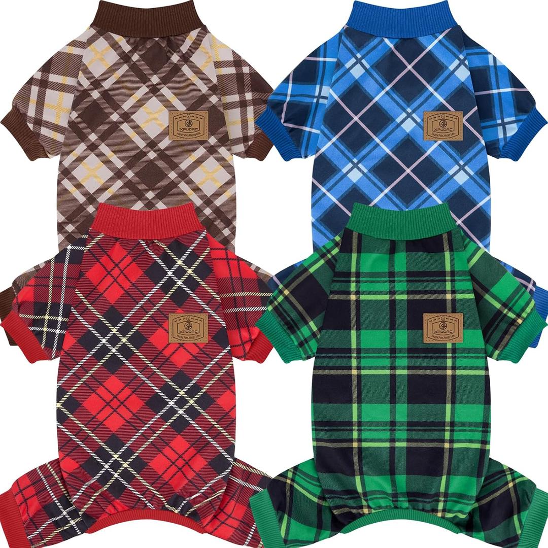 XPUDAC 4 Pack Dog Pajamas Plaid Dog Clothes for Small Medium Dogs Girl Boy Comfy Puppy Onesie Pet Christmas Outfit Cat Pjs Jammies, M (Medium(Chest-16" Back-12" Neck-10.2"))