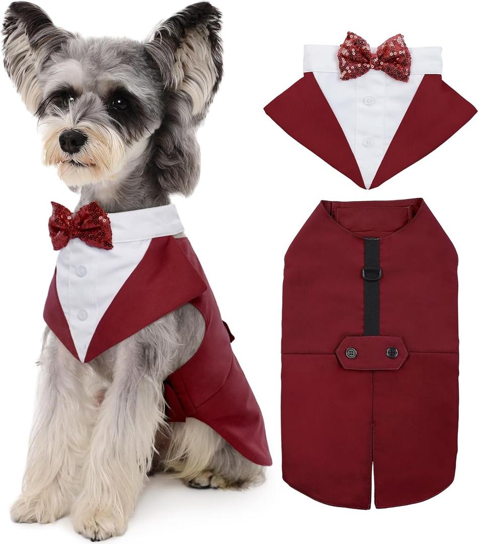 Kuoser Dog Tuxedo Dog Suit and Bandana Set, Dogs Tuxedo Wedding Party Suit, Doggy Prince Bow Tie Shirt Formal Pet Wedding Attire for Large Medium and Small Dogs Golden Retriever Samo Bulldogs (Small (pack of 1), Red)