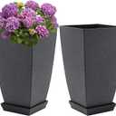 Neoaider Set of 2 Tall Planter, 21 inch Large Plastic Planter with Drain Hole & Saucers, Large Outdoor Planters for Porch, Garden, Patio, Balcony(Cement Gray)