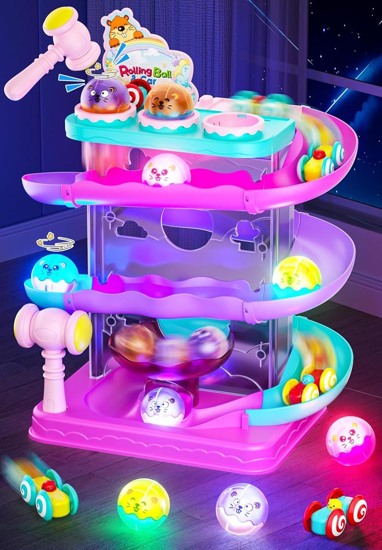 2-in-1 Rolling Ball & Car Ramp Race Track for Toddlers, Hammer Ball Drop Toy for Boys & Girls, Interactive Toys w/Sensor Lights - Montessori STEM Learning Toys - Brithday Gift for Kids 1-5+ Year Old (Pink + Purple + Cyan + Peach)