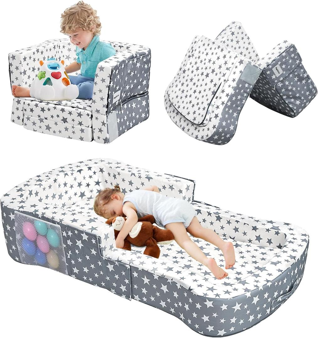 Toddler Travel Bed, Portable Toddler Bed & Chair 2-in-1  Convertible Travel Crib with Storage Pockets, Built-waterproof Oxford Cloth, Easy,Washable Covers,Soft Dutch Velvet (Stars Pattern)