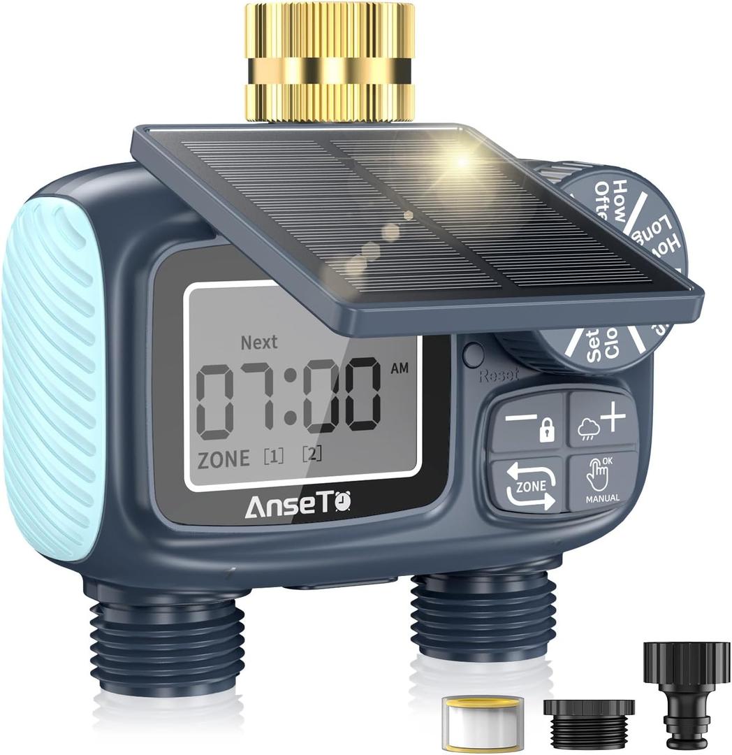 Solar Sprinkler Timer,Brass Inlet Hose Timer for Garden Hose,Programmable Water Timers,Plant Watering Devices,Garden Watering System, Rain Delay/Manual/Automatic Irrigation System, 2 Outlet