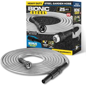 Bionic Steel 25 Ft Short Metal Garden Hose with Nozzle, Premium 304 Stainless Steel Metal Water Hose 25Ft, Flexible, Kink Free, Lightweight, Heavy Duty, Crush Resistant Fittings, 500 PSI, 2025 Model