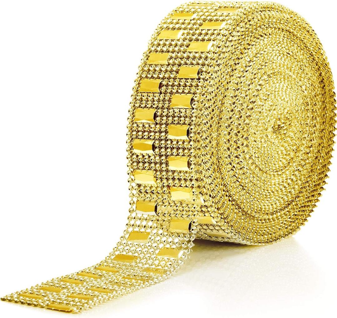 WILLBOND 10 Yards Rhinestone Ribbon for Crafts Rhinestone Diamond Ribbon Bling Wrap Sparkling Rhinestones Chain Trim Craft Art for Christmas DIY Jewelry Wedding Cake Clothe Decor(2 Row,Gold)