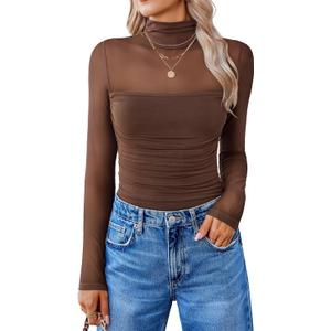 Avidlove Women Long Sleeve Bodysuit Turtle Neck Shapewear Body Suits Mesh One Piece Leotard Shirt Going Out Tops Fall Outfits (X-Large, Brown)