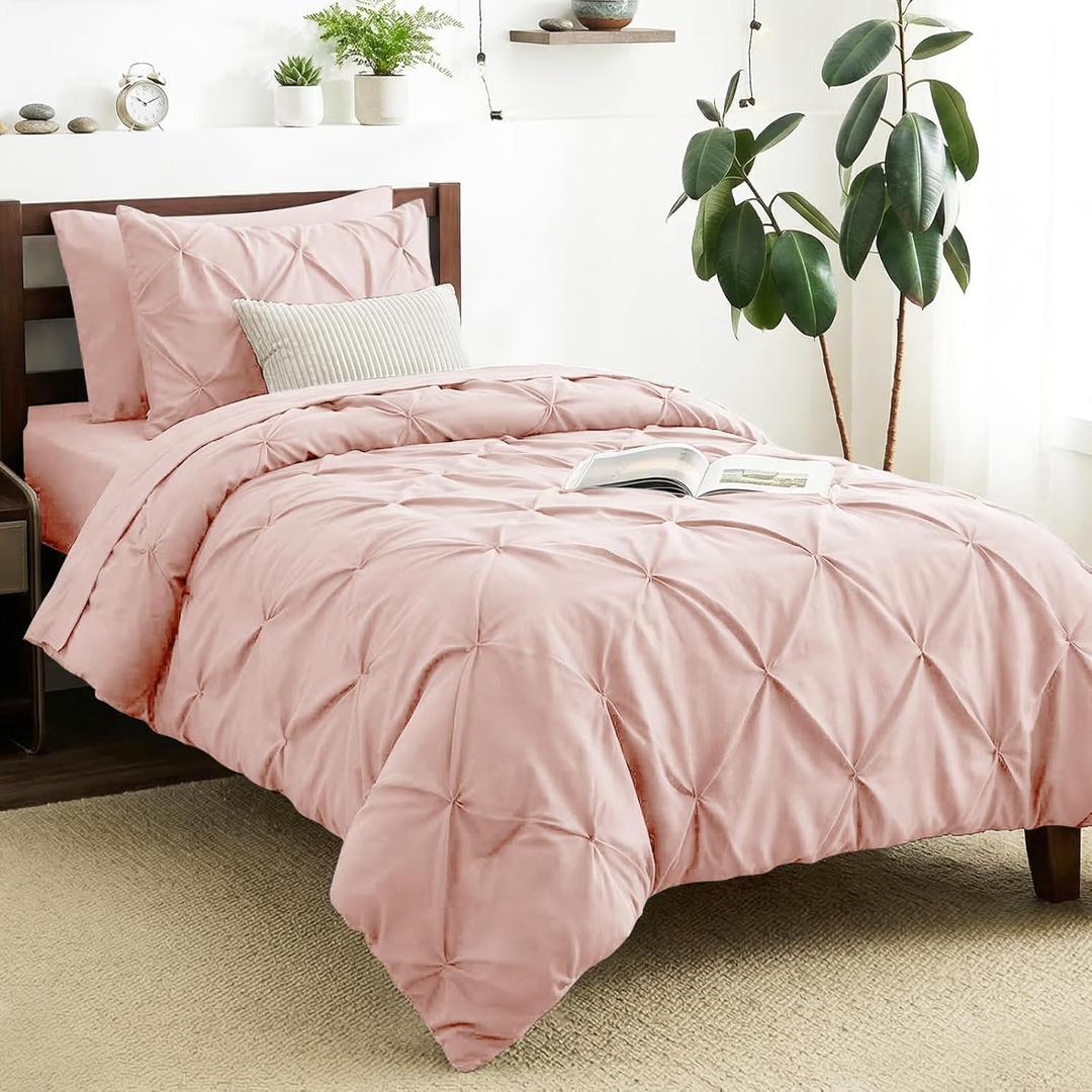 CozyLux Twin Comforter Set with Sheets Peach Pink, 5 Pieces Pintuck Bed in A Bag, Twin Bed Set Gift for Family, Pinch Pleat Bedding Set with Comforter, Sheets, Pillowcase & Sham