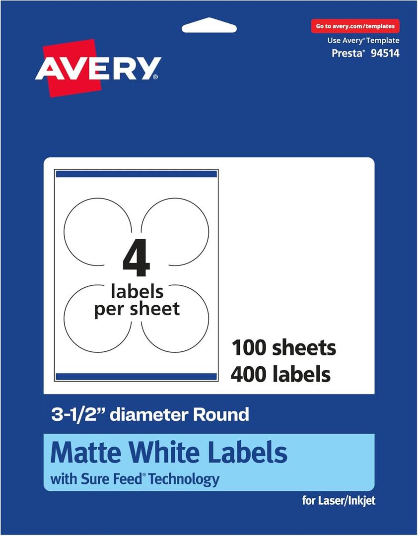 Avery Matte White Round Labels, Sure Feed Technology, 3.5" Diameter, 400 Matte White Printable Labels
