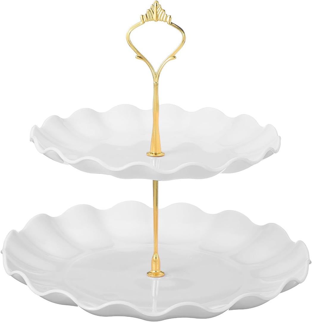 Uxcell 2-Tier Cupcake Stand Holder, Round Tiered Serving Tray 20/25cm Cup Cake Stand for Birthday Party Decoration, White (Ripple)