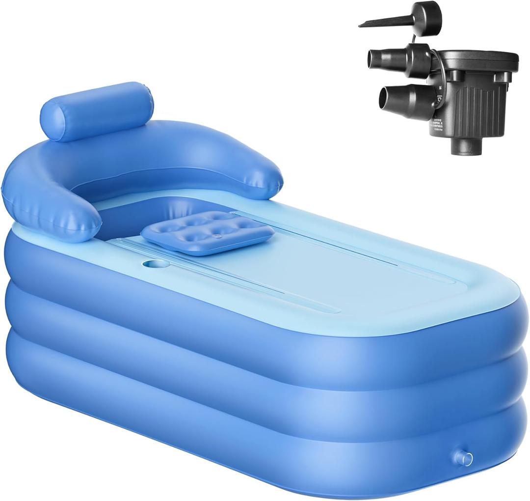 Inflatable Folding Bathtub for Adults, 63" Collapsible Ice Bath Tub for Athletes, Portable Foldable Hot Tub with Electric Air Pump, SPA Freestanding Soaking Barrel for Indoor or Outdoor (Blue)