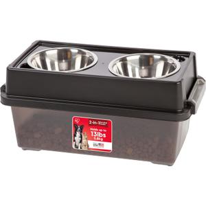 IRIS USA Elevated Dog Bowls with Storage, 6"H Raised Bowl for Small Dogs, Airtight Pet Food Storage Holds Up To 5 Lbs, 4 Removable 16 oz Stainless Steel Bowls, At Home or Camping, Smoke/Black