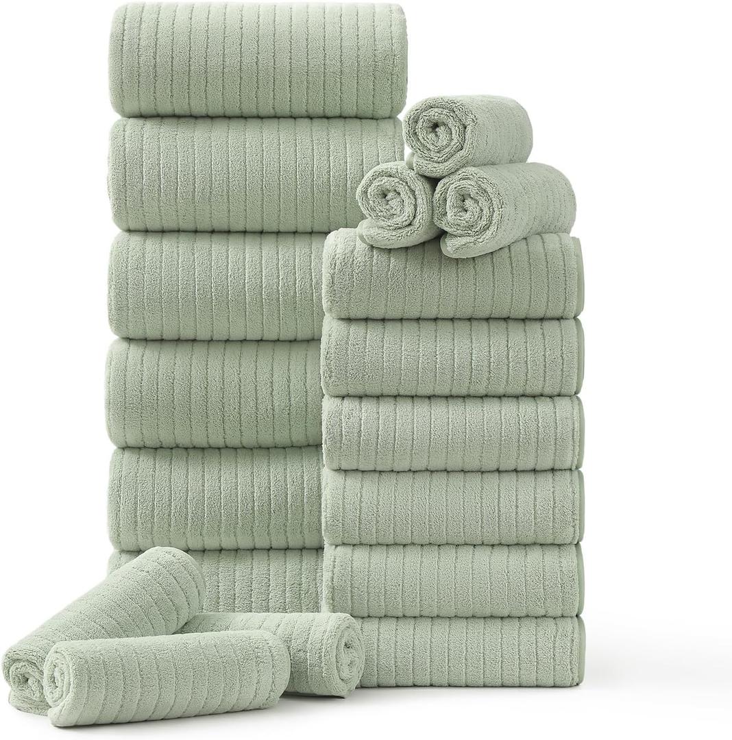 18 Piece Family Bath Towel Set Include 6 Bath Towels,6 Hand Towels and 6 Washcloths Soft Bathroom Towel with Hanging Loops,Highly Absorbent Quick Dry Towels Set for Bathroom,Hotel and Spa-Green