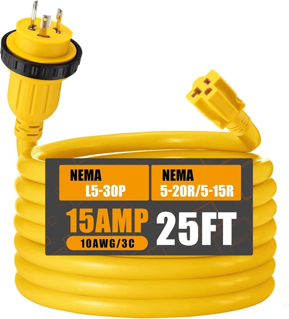 Kanayu 25FT 30 Amp to 15 Amp Marine Shore Power Adapter Extension Power Cord Compatible with NEMA L5-30P to 5-15/20R 10AWG 30Amp to 20Amp T Blade Marine Plug 125V Household Outlet Pigtail Boat Adapter