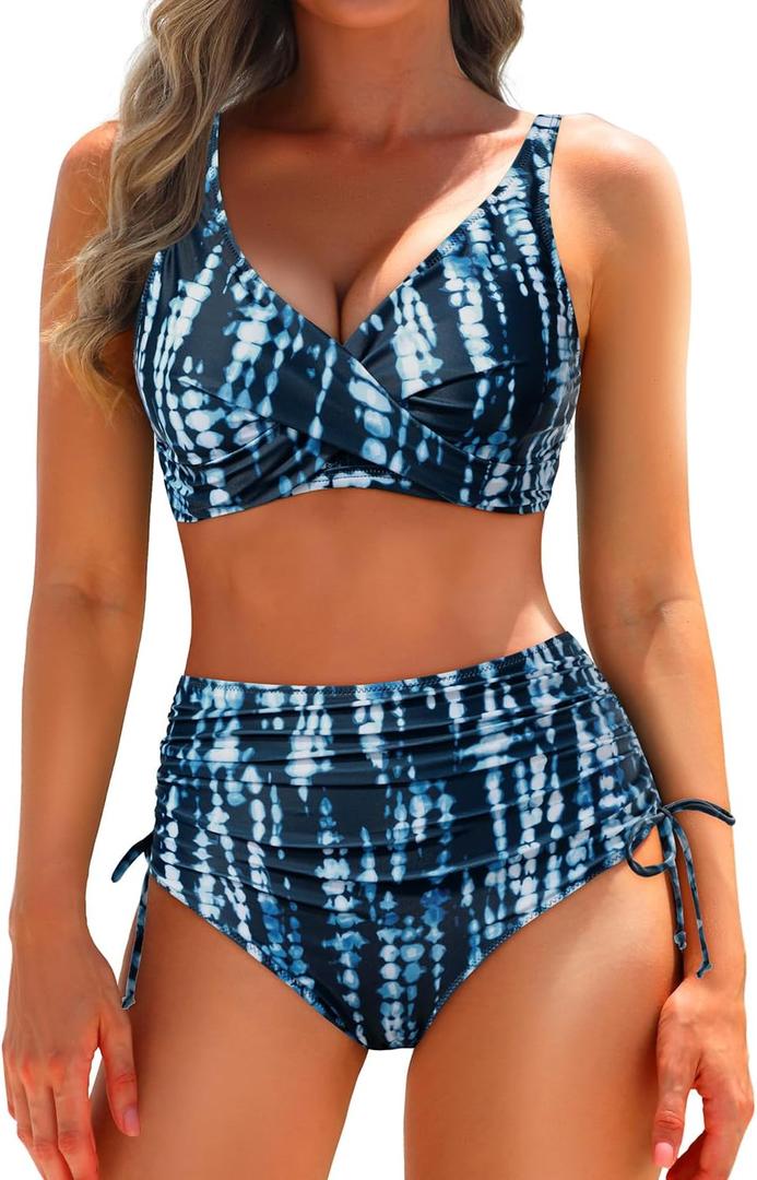 Aqua Eve Women High Waisted Bikini Twist Front Swimsuits Lace up Bikini Tops Ruched Push up 2 Piece Bathing Suits (Small, Galaxies Tie Dye)