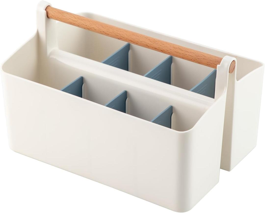 Large Portable Basket with Handle, Plastic Craft Storage Organizer Caddy Tote with Adjustable Divided for Makeup Art Supplies, Sewing, Colored Pencils-Blue