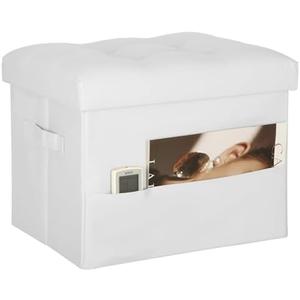 BelugaHelper Ottoman with Storage. Leather Foldable Ottomans with Thick Foam Padded Seat. Foot Rest Stool Storage for Living Room and Bedroom. Side Pockets and Handles Designed. 17x13x13in, White
