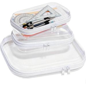 3PCS Clear Hard Plastic Zipper Case, Double Zippers Hard Pouch, Portable Travel Organizer Bin Clear Makeup Bag for Toy Storage, Snack Bag, Cosmetics, Pencil Case, Diaper Bag, Toiletry Bag (1M+2S)