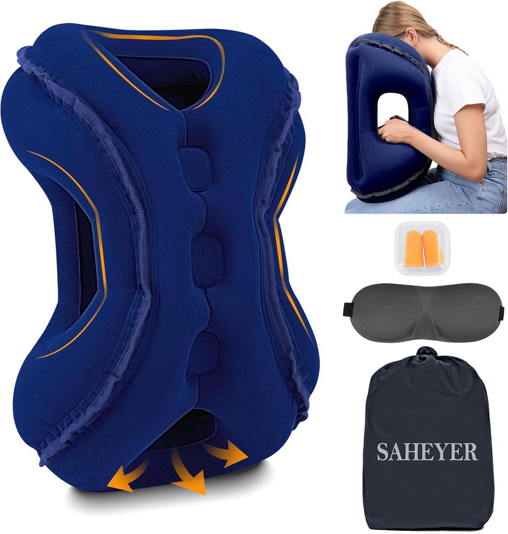 SAHEYER Inflatable Travel Pillows, New Upgrade Inflatable Airplane Pillow for Sleeping Rest Avoid Neck and Shoulder Pain, Inflatable Neck Pillow with Free Eye Mask and Earplugs (Blue) (25x20x9.5 inch)