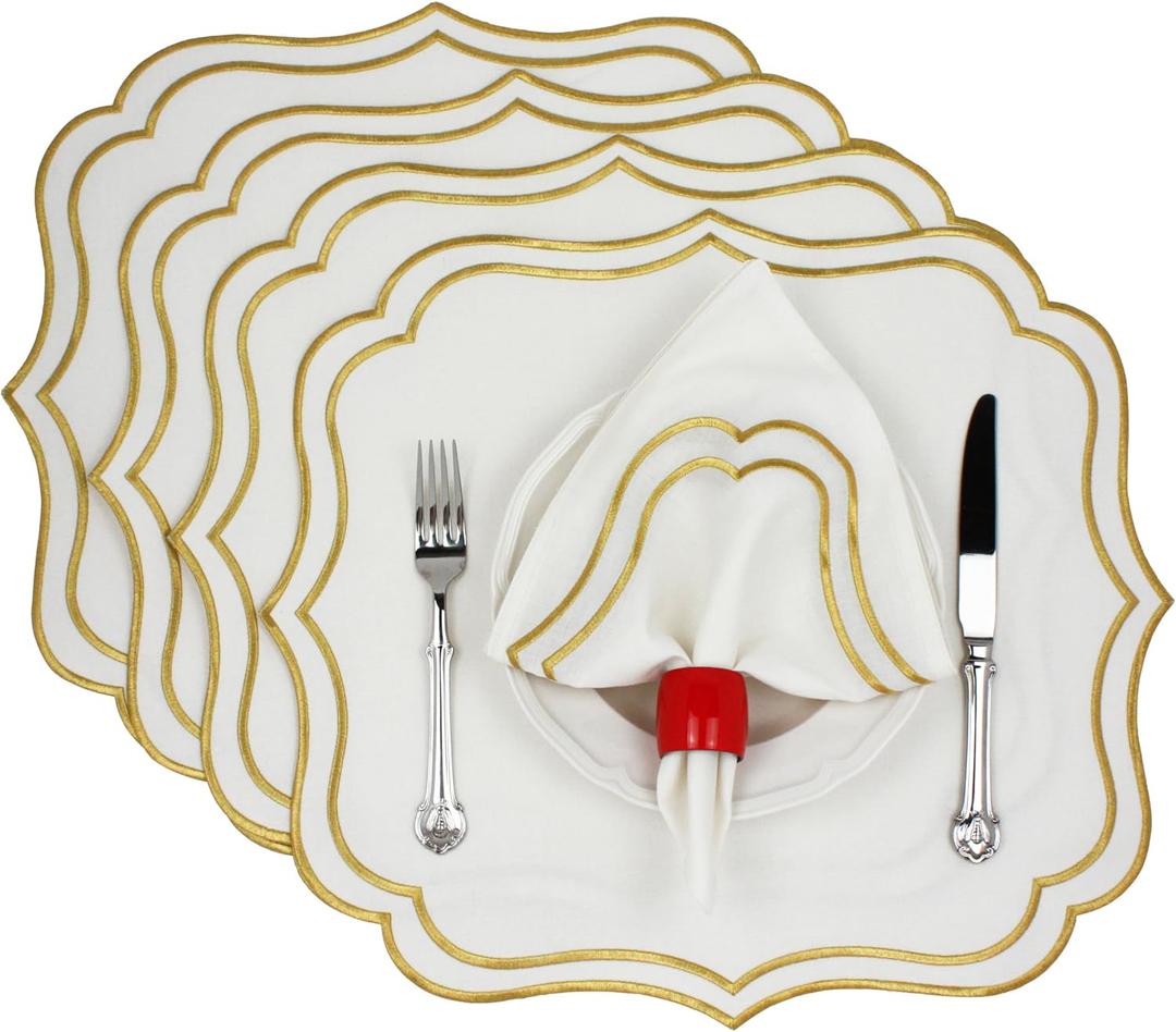 Cotton Linen Placemats Set of 4 - Double Layered, Machine Washable, Wrinkle Resistance, Scalloped & Embroidered Cloth Table Mats - Wedding, Spring mat, Giftable, 19 x 17 inch, Ivory Gold