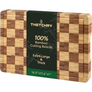 Bamboo Cutting Boards for Kitchen, End Grain Wood Cutting Board with Juice Grooves & Handles, Charcuterie Checkered Chopping Board Thick Butcher Block Serving Tray with Gift Box, 16.5"11.6" 1"