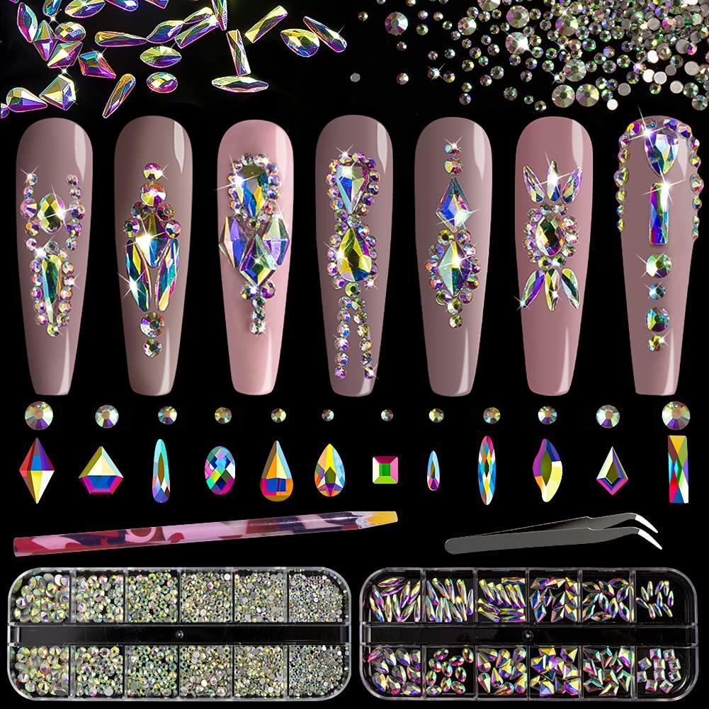 Multi Shapes 3D Glass AB Crystal Nail Art Rhinestones Kit with Flatback Round Bead Charm Gem Stone Jewelry Diamond with Pickup Pen + Tweezer for Manicure Craft Decoration by BELLEBOOST (Iridescent) (2 packs)