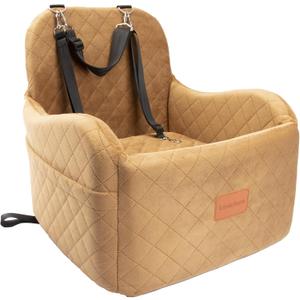 Dog Booster Car Seat for Small/Medium Dogs,Ultra Soft Fabric Filling Memory Foam,Fully Detachable and Washable,Anti-Slip Base,3 Straps Easy to Install (Coffee,Medium)