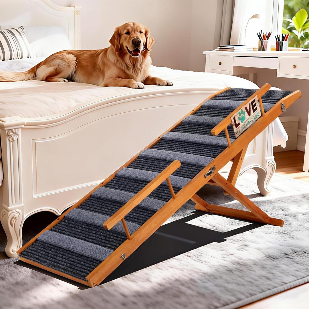 Pawaboo Dog Ramp for Bed, 57'' Foldable Dog Ramp for Couch, 5 Adjustable Height from 19.7'' to 30'', Portable Stable Pet Steps with Dogs Tag & Safety Side Rails, Pet Ramps for Bed Couch Stairs, Walnut