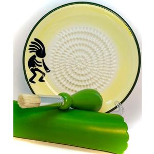 All-in-one Premium Ceramic Garlic Grater Plate 4-Piece Set - Kokopelli Design, Classic Style - For Garlic, Ginger, Chocolate, and more! - Comes with 5.25" Plate, Peeler, Brush, and Stand
