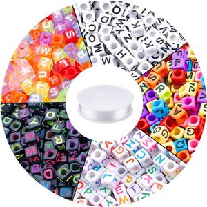 Augshy 1400pcs 5 Color Cube Alphabet Beads Bracelet Letter Beads for Bracelets Making with 1 Roll 50M Crystal String Cord for Jewelry Making6mm