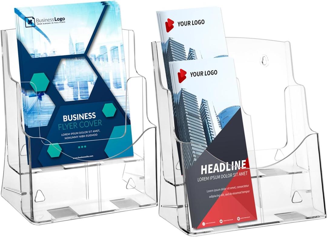 Acrylic Brochure Holder 8.5x11 & 4 x9 Inches, Clear 2 Tier Magazine Holder Brochure Display Stand w Removable Divider, Literature Pamphlet Flyer Holder for Wall Mount or Countertop