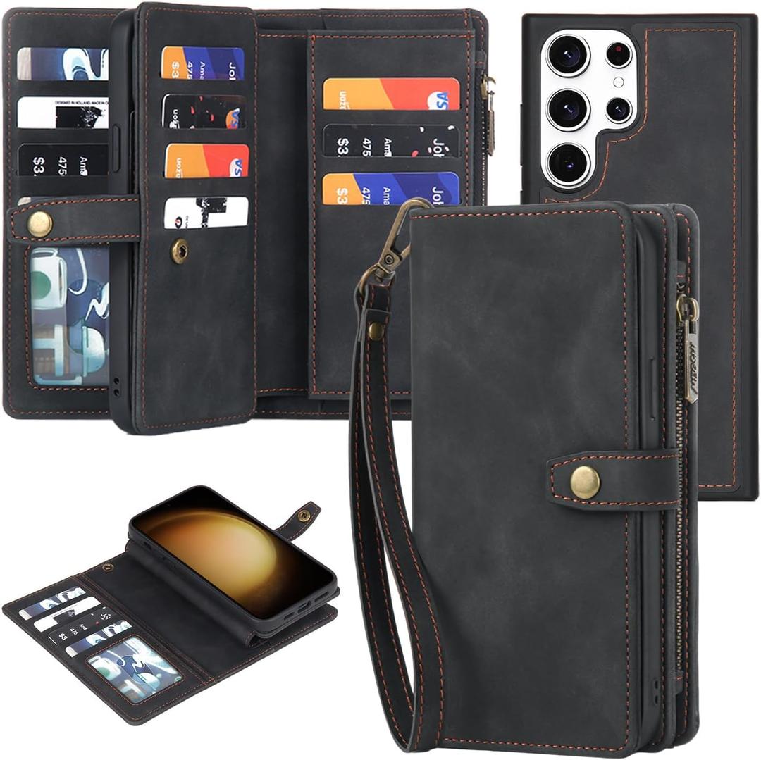 TwoHead for Samsung Galaxy S23 Ultra Wallet Case with Card Holder & Detachable Magnetic Phone Case for S23 Ultra 6.8 in PU Leather Shockproof Protective Phone Case (Dream Black)