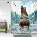 Funny Bear Shower Curtain, Cool Bear Riding Shark on Blue Ocean Shower Curtain, Farmhouse Navy Blue Beach Shower Curtain Set Kids with 12PCS Hooks, 70X70IN Waterproof Polyester Fabric