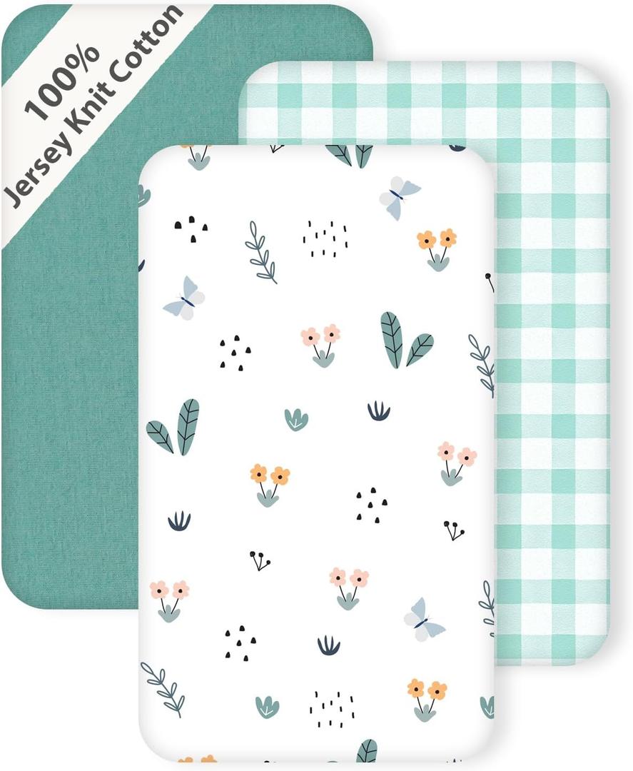 3 Pack Cotton Bassinet Sheets - 33"x19" for Baby Delight, Jimglo, BabyBond, BCOL, Maxi-COSI and Most Regular Bedside Sleeper, Ultra Soft & Skin Friendly Bassinet Fitted Sheets, Green Leaf