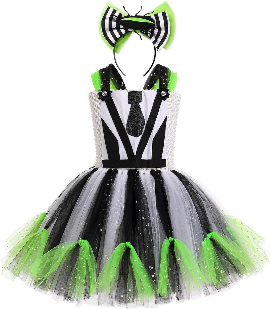 IMEKIS Girls Halloween Costume Black and White Striped Tulle Dress Headband Set Toddler Kids Cosplay Birthday Outfit 2-12T (8-9 Years)