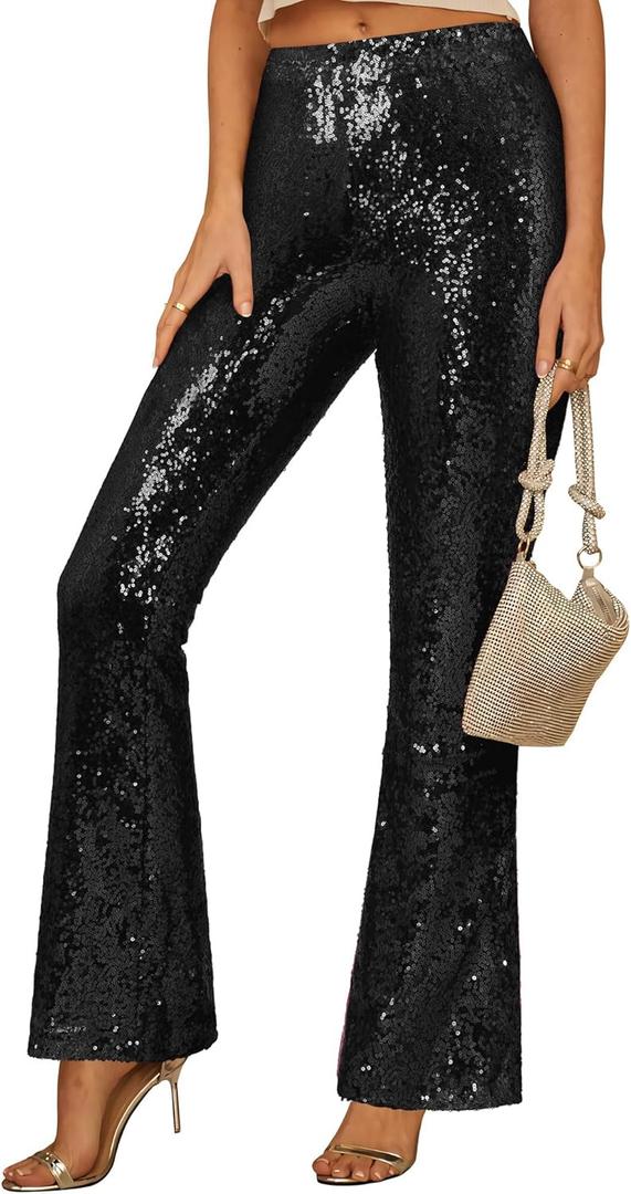 GRAPENT Sequin Pants for Women Flare High Waisted Pull On Elastic Waist Party Club Night Out Dance Stretch Sparkly Pants (X-Large, Black)