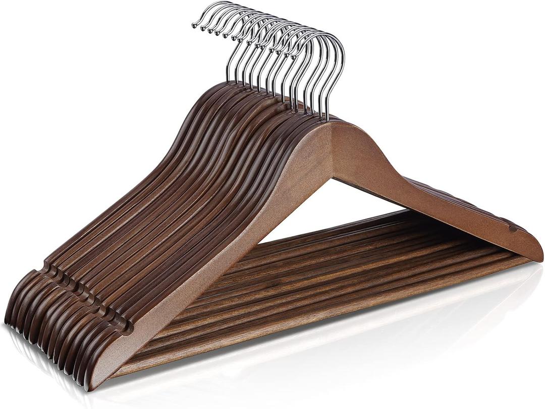 Wooden Hangers 10 Pack,Heavy Duty Wood Coat Hangers,with 360-degree HookSmooth Finish Wooden Clothes Hangers with Non Slip Pants Bar, Sturdy Clothes Hangers for Shirts,SuitWalnut (Walunt) Wooden Hangers 10 Pack,Heavy Duty Wood Coat Hangers,with 360-degree HookSmooth Finish Wooden Clothes Hangers with Non Slip Pants Bar, Sturdy Clothes Hangers for Shirts,SuitWalnut (Walunt)