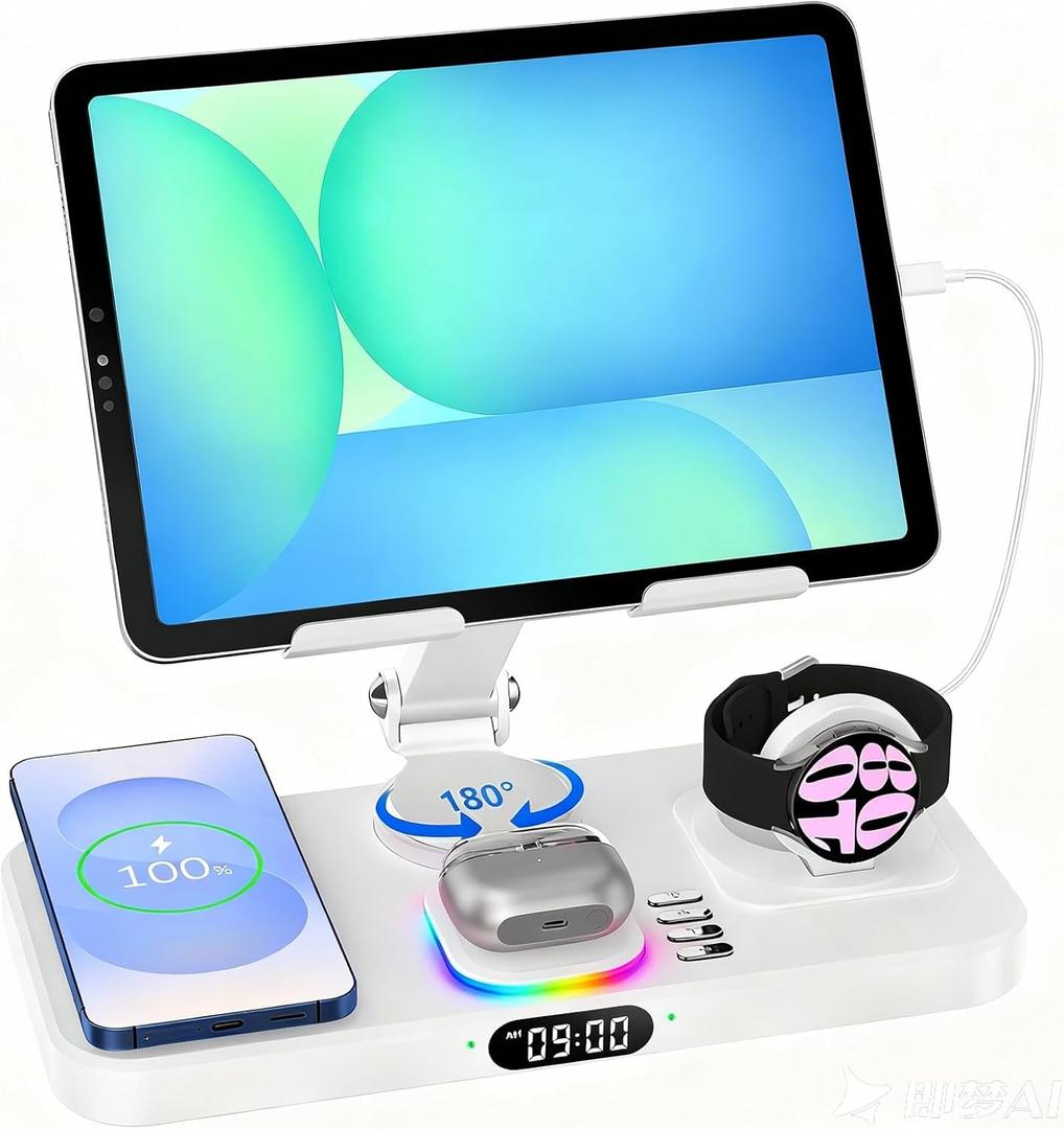 30W Tablet Wireless Charger for Samsung, Foldable Android Charging Station with Clock Display with 7-Color Light, Wireless Watch Charger for S25, Only Compatible Samsung Watch, Galaxy Buds3 Pro (White)