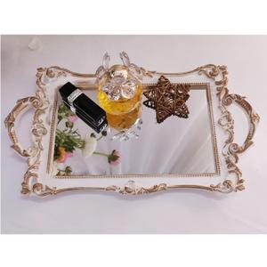 Small Rectangle Decorative Mirror Tray, French Style, Makeup Organizer, Jewelry Organizer, Serving Tray, 13"x 7.8", Golden White
