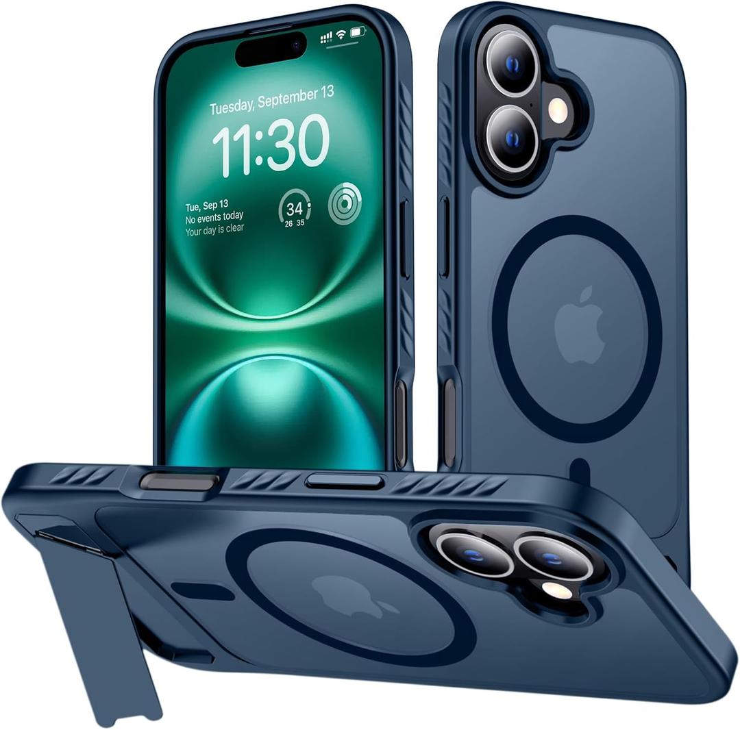 hitfine for iPhone 17 Case with Kickstand,[Compatible with Magsafe] Slim Translucent Matte,Military-Grade Protection & Anti-Yellowing,Magnetic Phone Case for iPhone 17,Blue