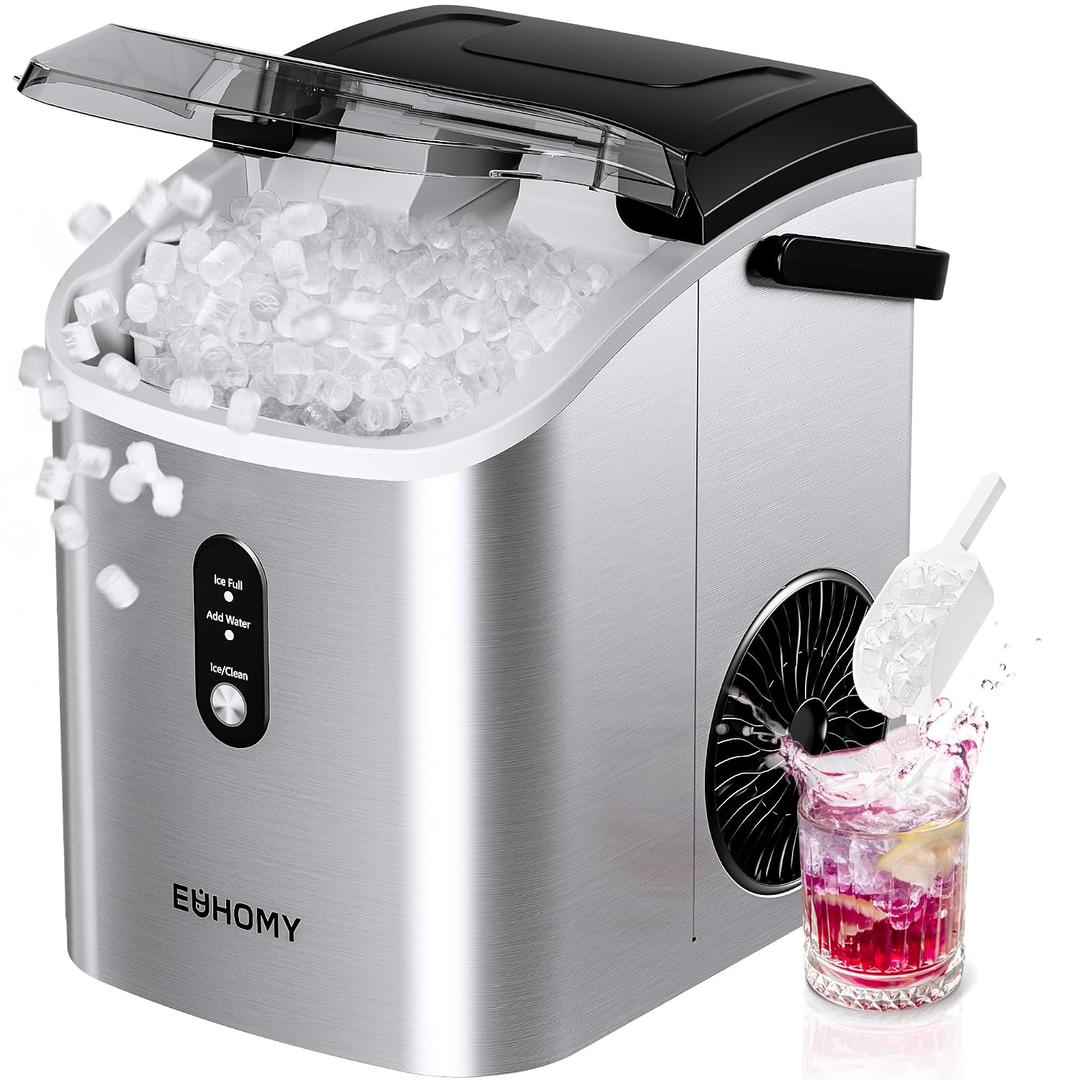EUHOMY Nugget Ice Maker Countertop with Handle, Ready in 6 Mins, 34lbs Per Day, Removable Top Cover, Auto-Cleaning, Portable Sonic Ice Maker with Basket and Scoop, for Home/Party/RV/Camping (Silver)